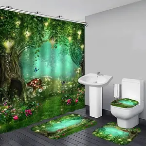 1/4pcs Forest Floral Tree Pattern Shower Curtain Set, includes non-slip mat, U-shaped rug, and toilet seat cover. Perfect for bathroom decoration accessories, partitioning, and beautifying the space. Comes with 12 shower curtain hooks.