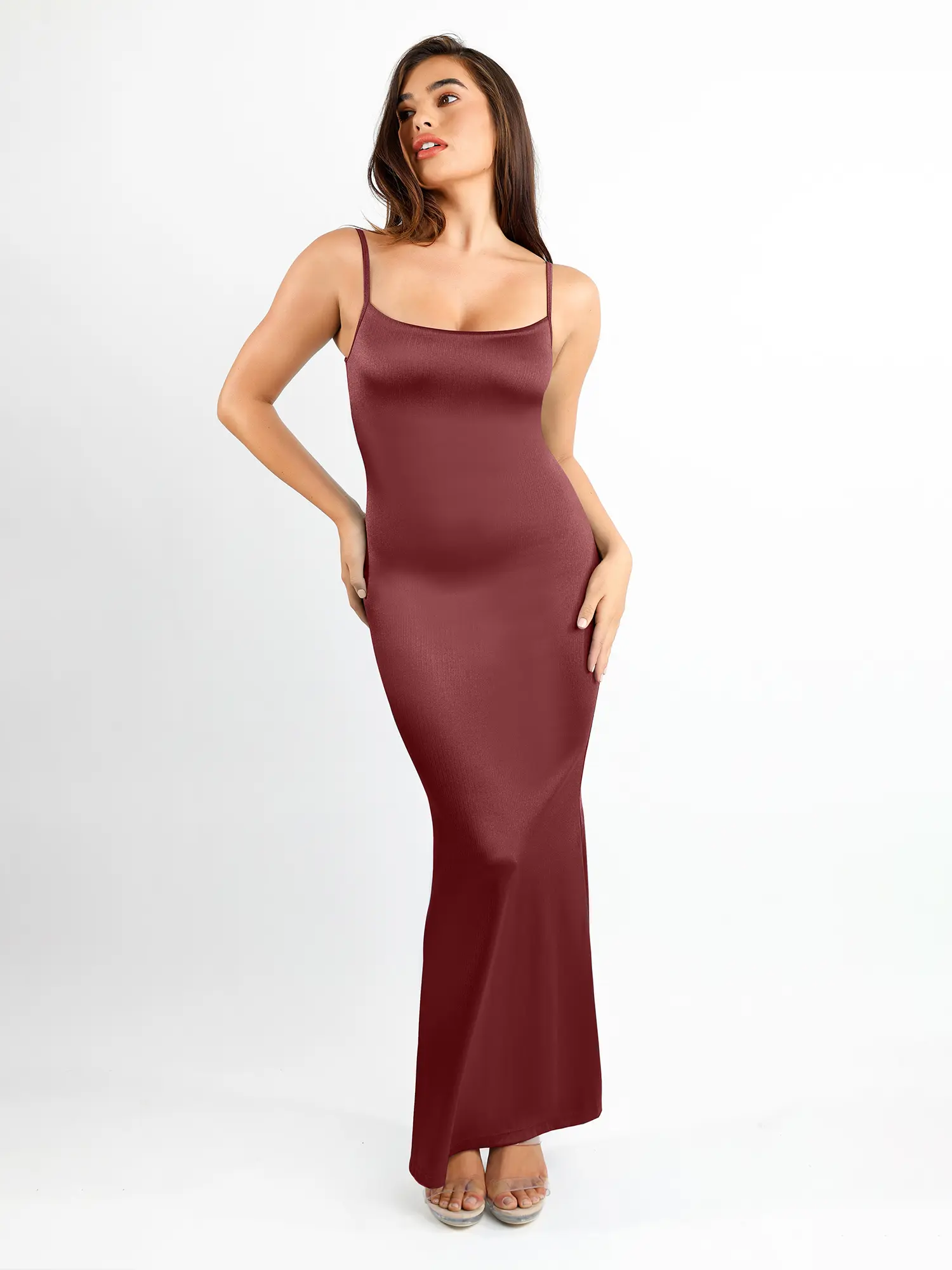 Popilush The Shapewear Dress Deep V-Neck Twisted Shine Maxi Formal Sleeveless Dress with High Elastic Body-Shaping Nylon Fabric Popilush The Shapewear Dress Deep V-Neck Twisted Shine Maxi Formal Sleeveless Dress with High Elastic Body-Shaping Nylon Fabric