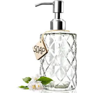 Design 12 Oz Glass Soap Dispenser, Kitchen soap Dispenser with 304 Rust Proof Stainless Steel Pump, Bathroom Soap Dispenser for Hand Soap, Soap, Lotion(Clear).