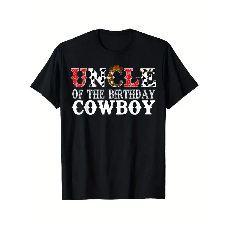 funny shirt Uncle 1St First Birthday Cowboy Western Rodeo Party Matching T-Shirt, 100% Cotton, Black Round Neck, Soft And Comfortable, Casual Outing, Street Sports, Spring Summer Wear, Holiday Gift, Perfect Print, Machine Washable T-Shirt, Casual Summer