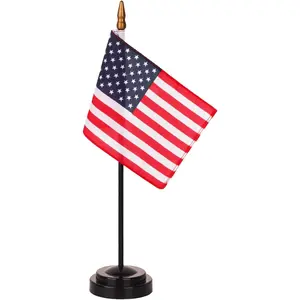 4 x 6 inch Miniature American Desktop Flag Set with 12" Solid Pole, Black Base and Spear Top, Mini US Office Table Flags with Vivid Color and Fade Resistant