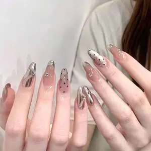 Silver Color French Polka Dot Nail Art, Gentle Ribbon Design, High-End Cat Eye False Nails, Diamond Almond Shape, Press-On Nail Set