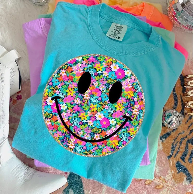Comfort Colors Floral Glitter Framed Happiness DTF Transfer, Trendy Summer, Fishing, Beach, Junkie, River, Lake, Boatin, Day Drinking