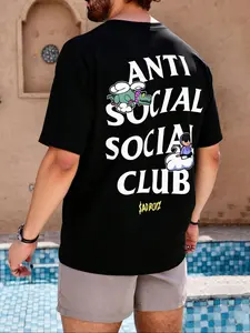 Men's Anti Social Social Club Print Round Neck Tee, Loose Casual Fashion Short Sleeve T-shirt for Daily Wear, Men's Top for Spring & Fall, Tropical