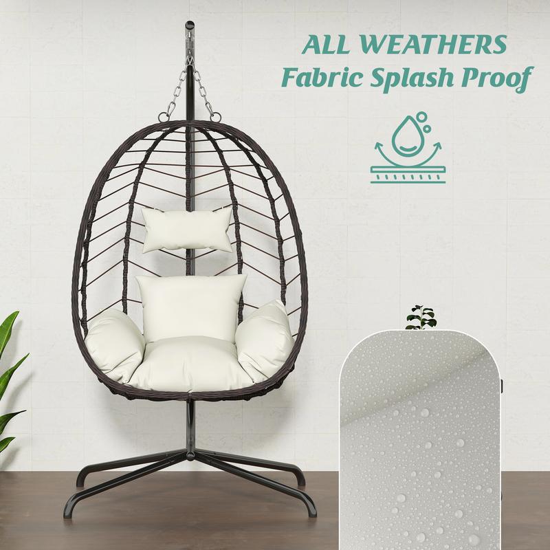 Hanging Egg Chair with Stand – Handwoven Rattan Patio Swing with Cushion, 350lb Capacity – Indoor/Outdoor Chic for Patio, Garden & Poolside