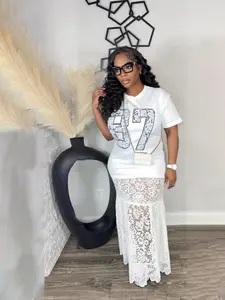 Women's Lace Letter Print Dress, Casual Summer Fitted Round Neck Dress, Unique Style, Moderate Fabric Thickness, Perfect for Daily Wear