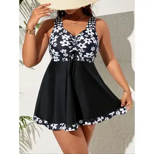 Plus Size Tankini Swimsuit, V Neck Drawstring Design, Floral Pattern, Casual Beachwear for Summer Vacation, All Seasons, Tankini Set Swimsuit