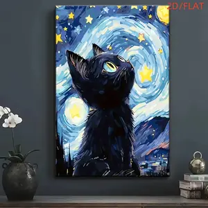 2D Flat A Canvas Print Poster Featuring a Cute Cartoon Black Cat Gazing at The Starry Sky, Perfect for Modern Wall Art Decoration in Living Rooms, Dining Rooms, Offices, And Bedrooms