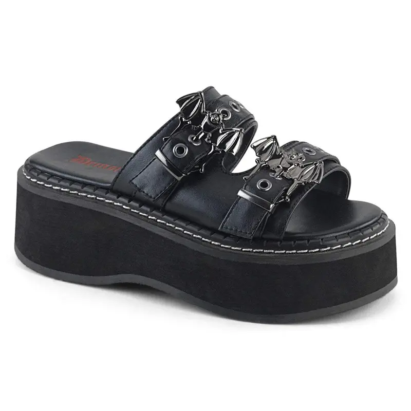 Demonia Emily-100 Wedge Sandals for Women - Black Vegan Leather Ornaments and Riveted Straps with Bat Buckles