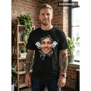 Custom Photo Men'S Short Sleeve T-Shirt, 3D Ripped Effect Personalized Face Print, Funny Spoof Novelty Graphic Tee, Breathable Casual Top, Creative Gag Gift for Couple Streetwear, Birthday And Party E