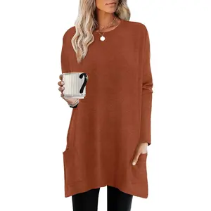 Womens Tunic Tops Long Sleeve Crew Neck High Low Hem Loose Fit Shirts Blouses with Pockets