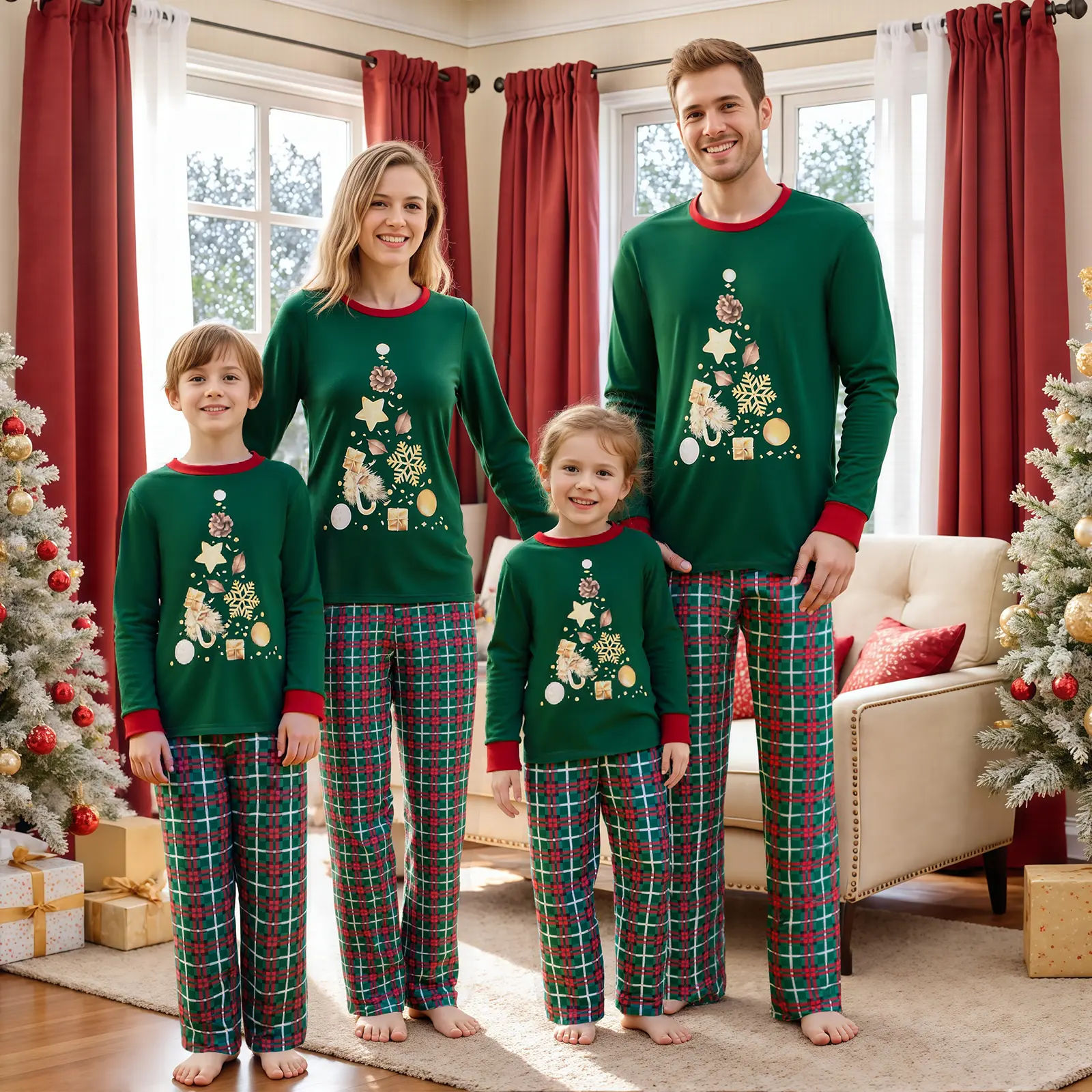 FOCUSNORM Family Matching Christmas Pajamas Xmas Star Snowflake Ball Print Long Sleeve Tops And Pants Set 3 Piece Sleepwear Loungewear