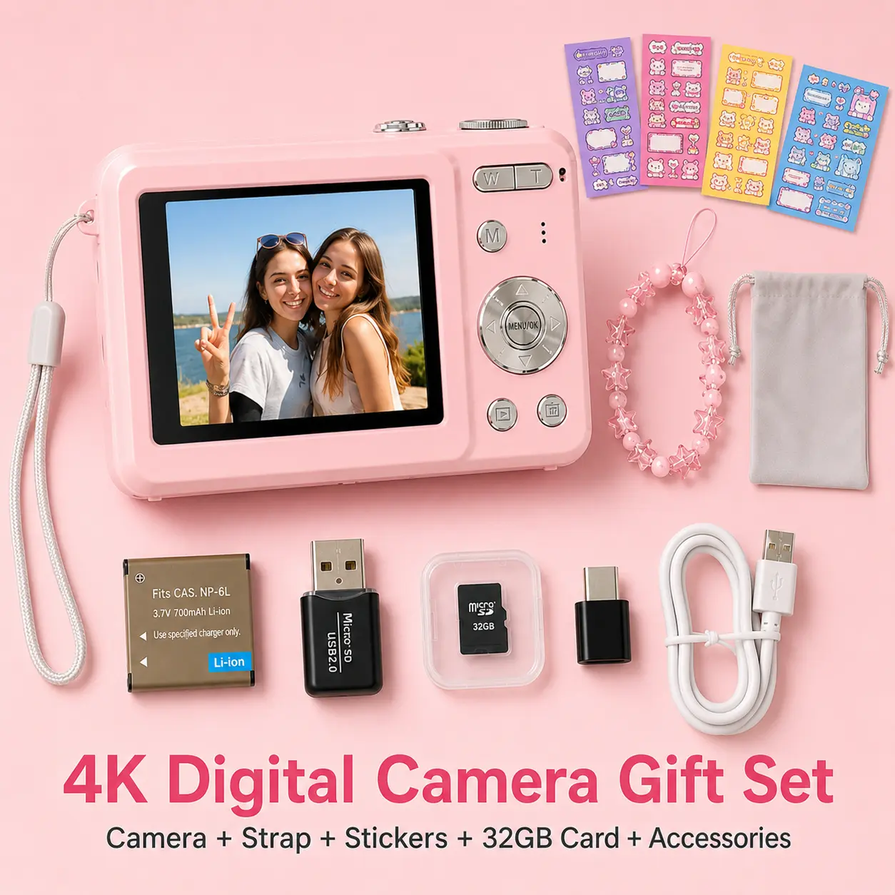 Cute 4K Digital Camera with Slide Cover, CCD-Style Photo & Video Camera for Girls, Includes 4 Sticker Sheets & Bracelet, Perfect Birthday Gift for Girlfriend and Friends