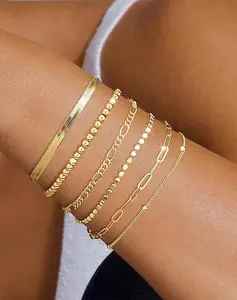 FUNSANNY Dainty Silver Chain Bracelets Waterproof Silver/Gold Jewelry Sets Stackable Figaro Herringbone Paperclip Chain Bracelets for Womens