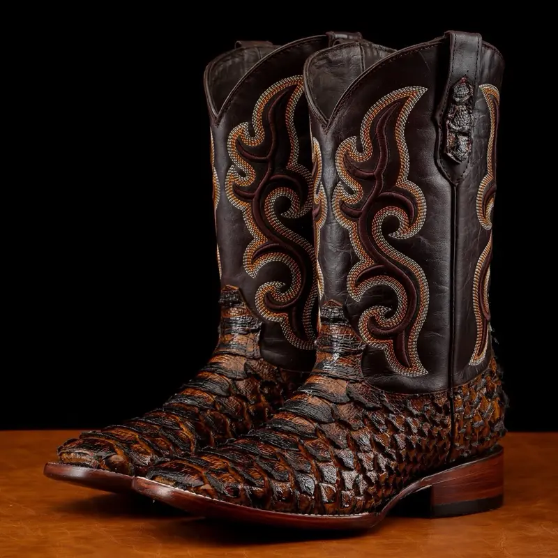 Honey Cognac Jumbo Python Print Leather Boots - Square Toe