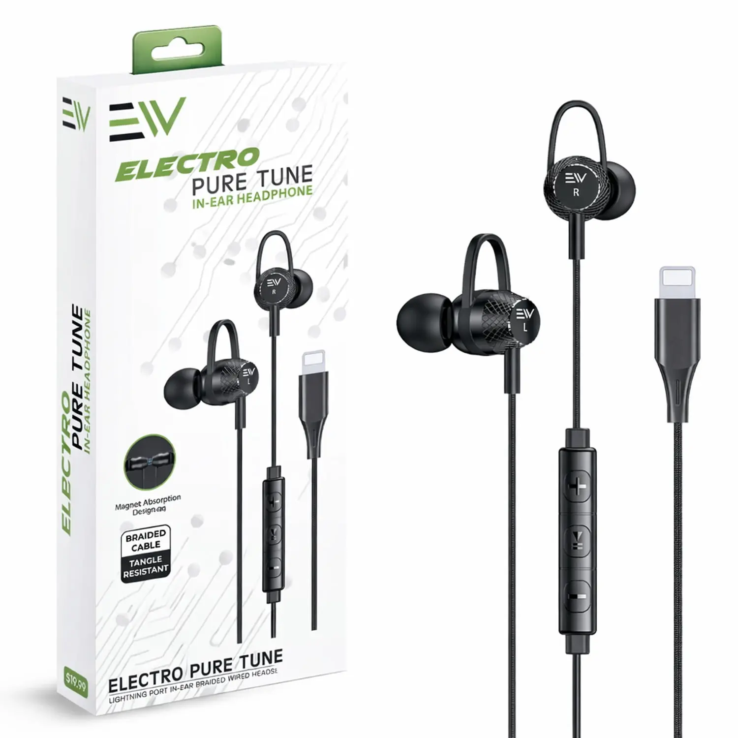 Electronic World Lightning Wired In-Ear Earbuds for iPhone - 10mm Drivers, Tangle-Free Durable Braided Cable, Noise Isolating Audio, Inline Mic+Ctrls, Volume Remote, Plug-and-Play Lightning Port Connector, Black, Manufacturer Warranty