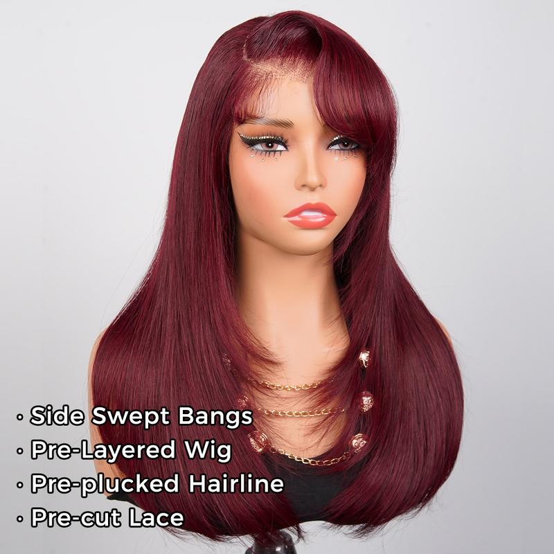 OQ HAIR Burgundy 99J Color Layered Straight Glueless Wig With Side Part Swept Bangs 220% Density 9x6 Pre-Everything Wear Go Wig With Drawstring Pre Colored Human Hair Wigs for Women Beginner Friendly Pre Styled Wigs