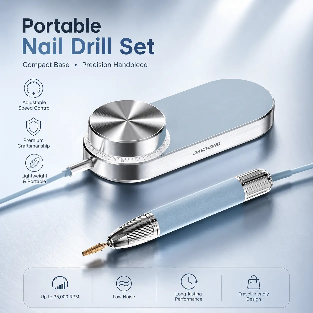 Portable Electric Nail Drill Machine, 30000RPM Rechargeable Nail File Kit with Adjustable Speed, 1600mAh Battery, Low Noise Manicure Pedicure Tool for Home & Salon