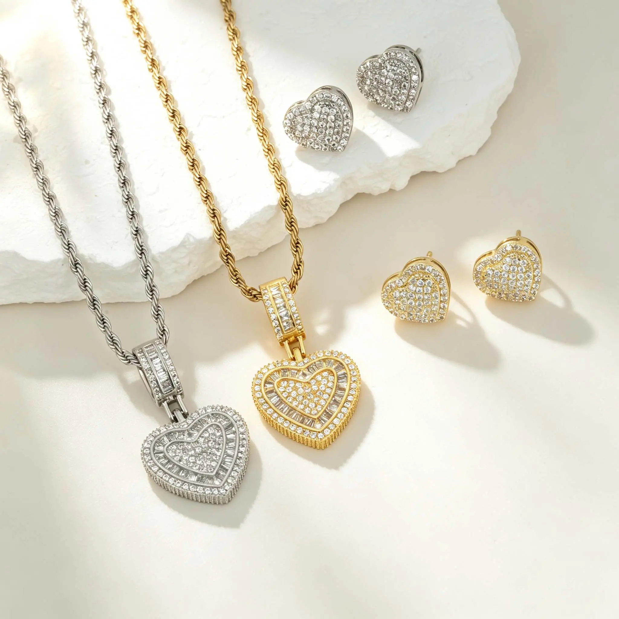 GGIRL 3Pcs Iced Out Heart Jewelry Set,18K Gold Plated Hip Hop Cubic zirconia Love Heart Pendant Twist Rope Chain Necklace & Heart Stud Earrings, Shiny Bling CZ Matching Jewelry Set for Women Men,Ideal Party Daily Wear & Lovers Anniversary Birthday Gift  ﻿
