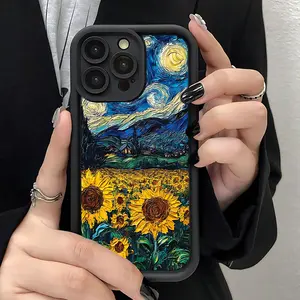 Van Gogh's Starry Night and Sunflowers Pattern Phone Case Fashionable Popular Shock - Proof Anti - Fingerprint Full Coverage Thick Protective Soft Case Compatible with iPhone 7/8/11/12/13/14/15/16/16/17Pro/Plus/16Promax/X/Xs Max/Xr/