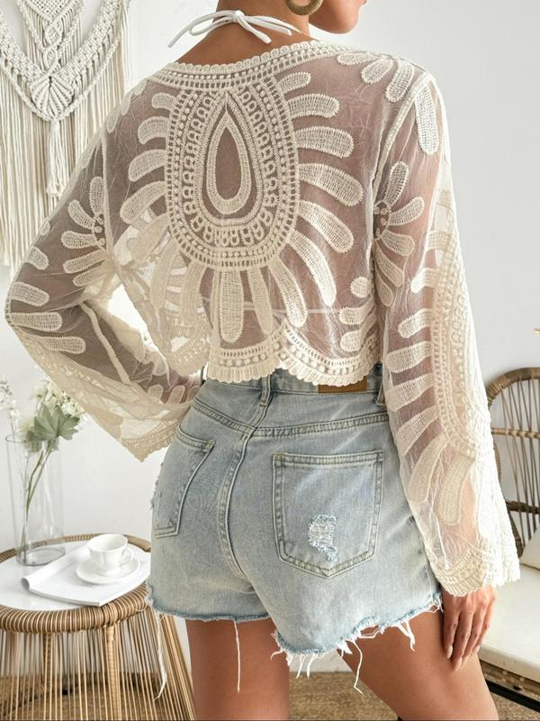 CHICME Women's Boho Hollow Out Knit Sweater - Long Sleeve, Bell Sleeves, Split Front, 100% Acrylic - View #14