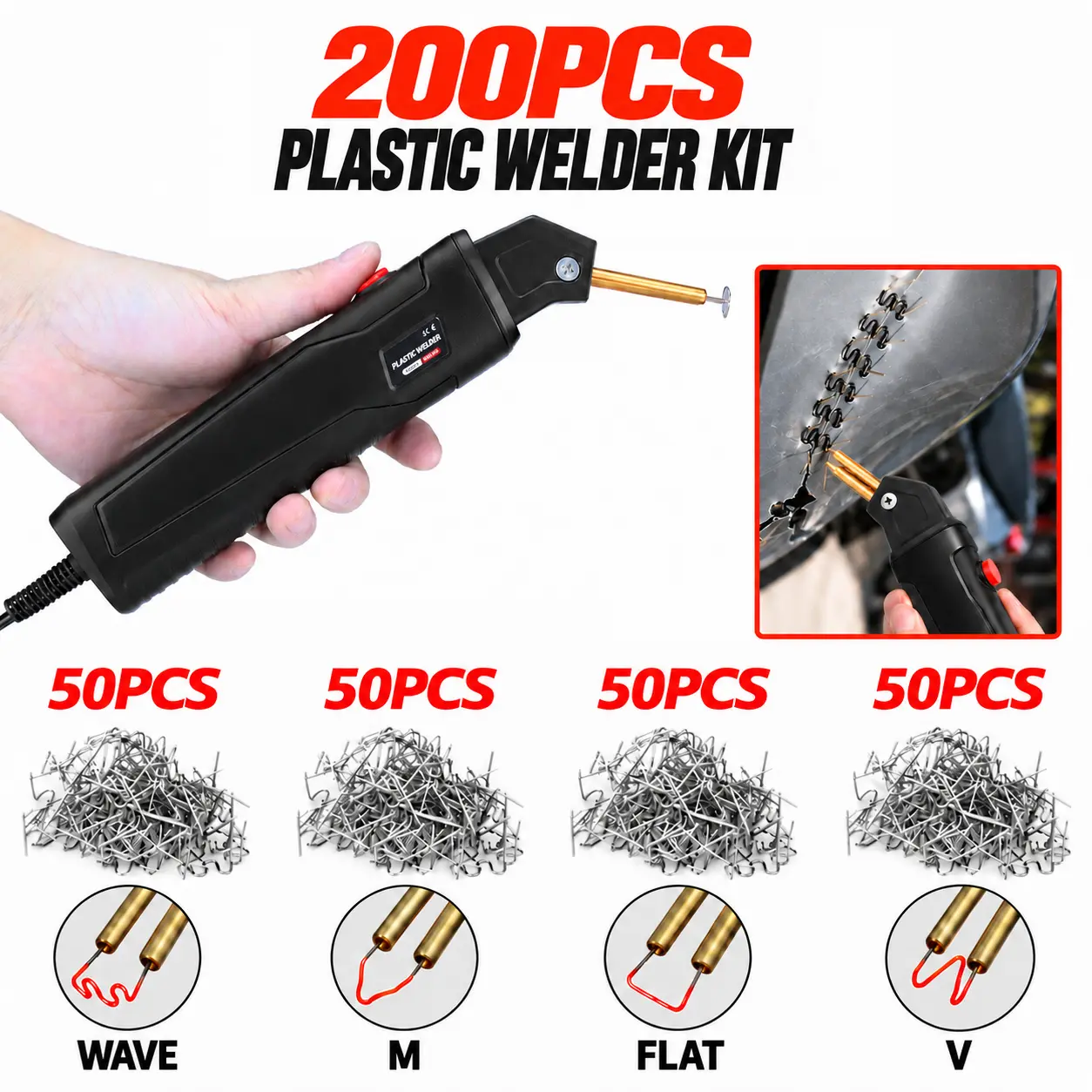 Plastic Welder Kit, 50W Hot Stapler Plastic Repair Kit with 200PCS Hot Staples, 3-Second Rapid Heating Car Bumper Repair Tool with LED Light, Portable Plastic Welding Kit for Automotive Bumper, Kayak, Canoe, Plastic Tank