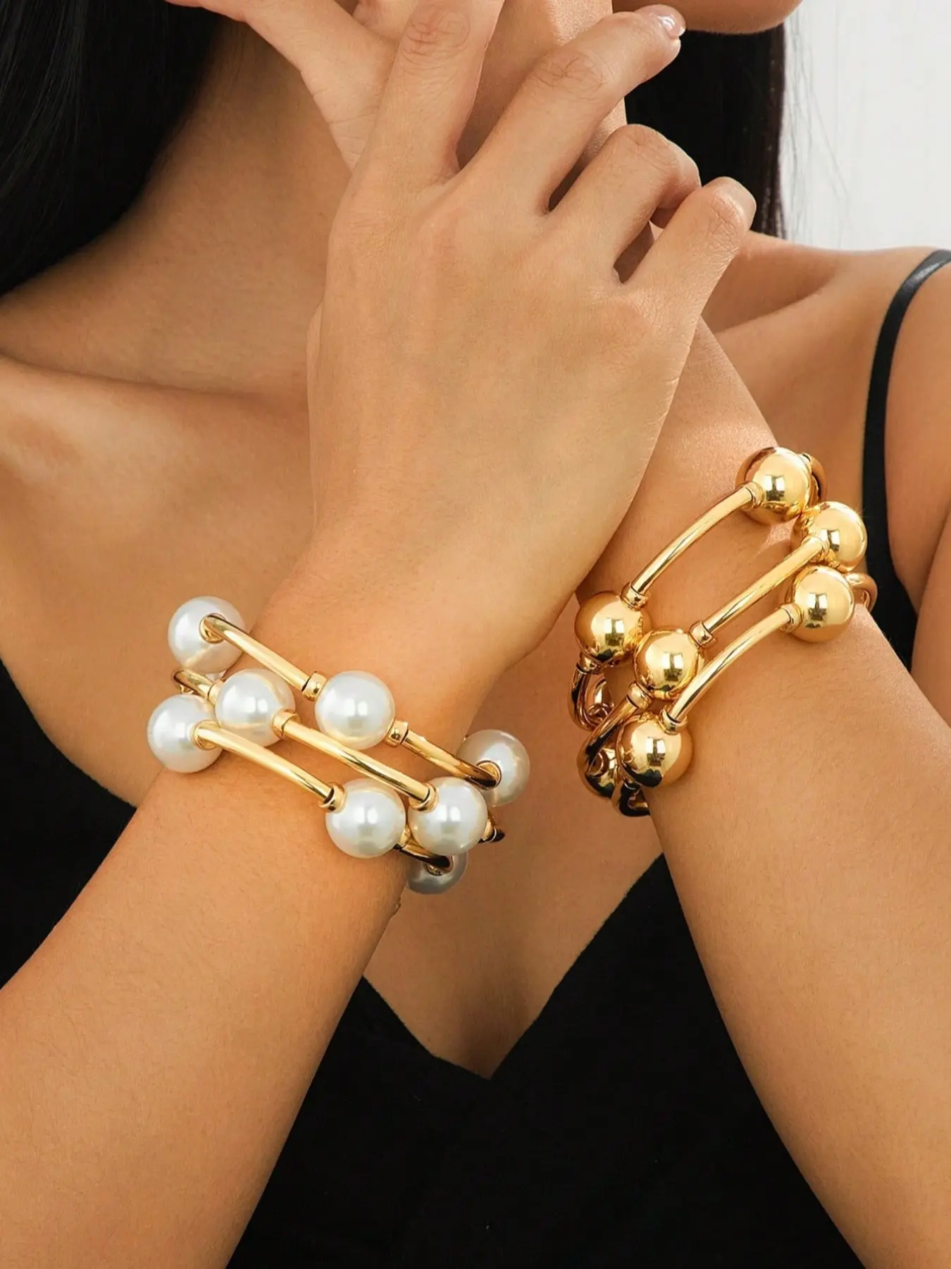 3pcs Vintage Chunky Gold/Silver/Pearl Bracelet Set, European And American Style, Suitable For Women's Beach, Dating, Fashion Shooting, Holiday Decoration, Charm Jewelry Gift, Bracelet Combination Set, Bracelet Bundle