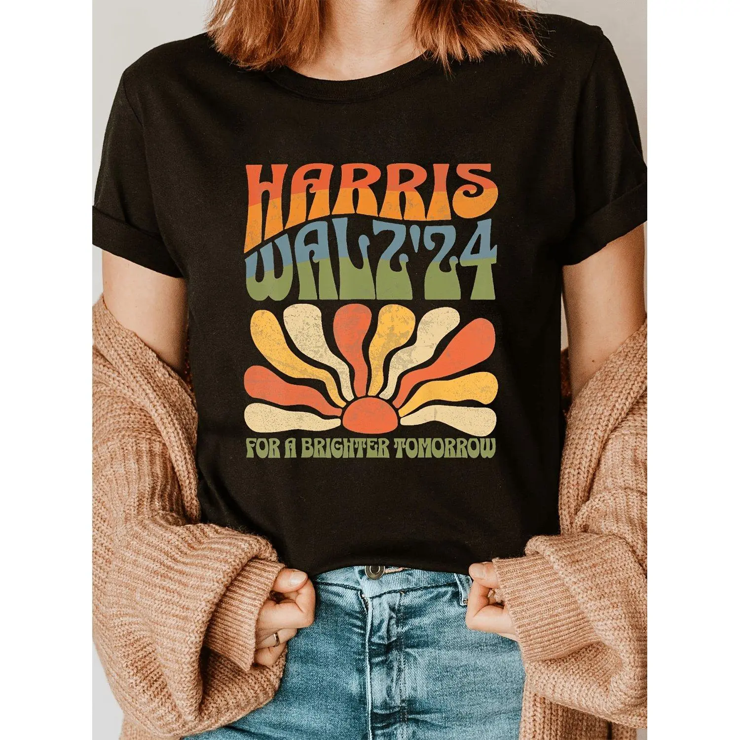 Kamala Harris Tim Walz Waltz Print T-Shirt, Short Sleeve Crew Neck Casual Top for Summer & Spring, Women'S