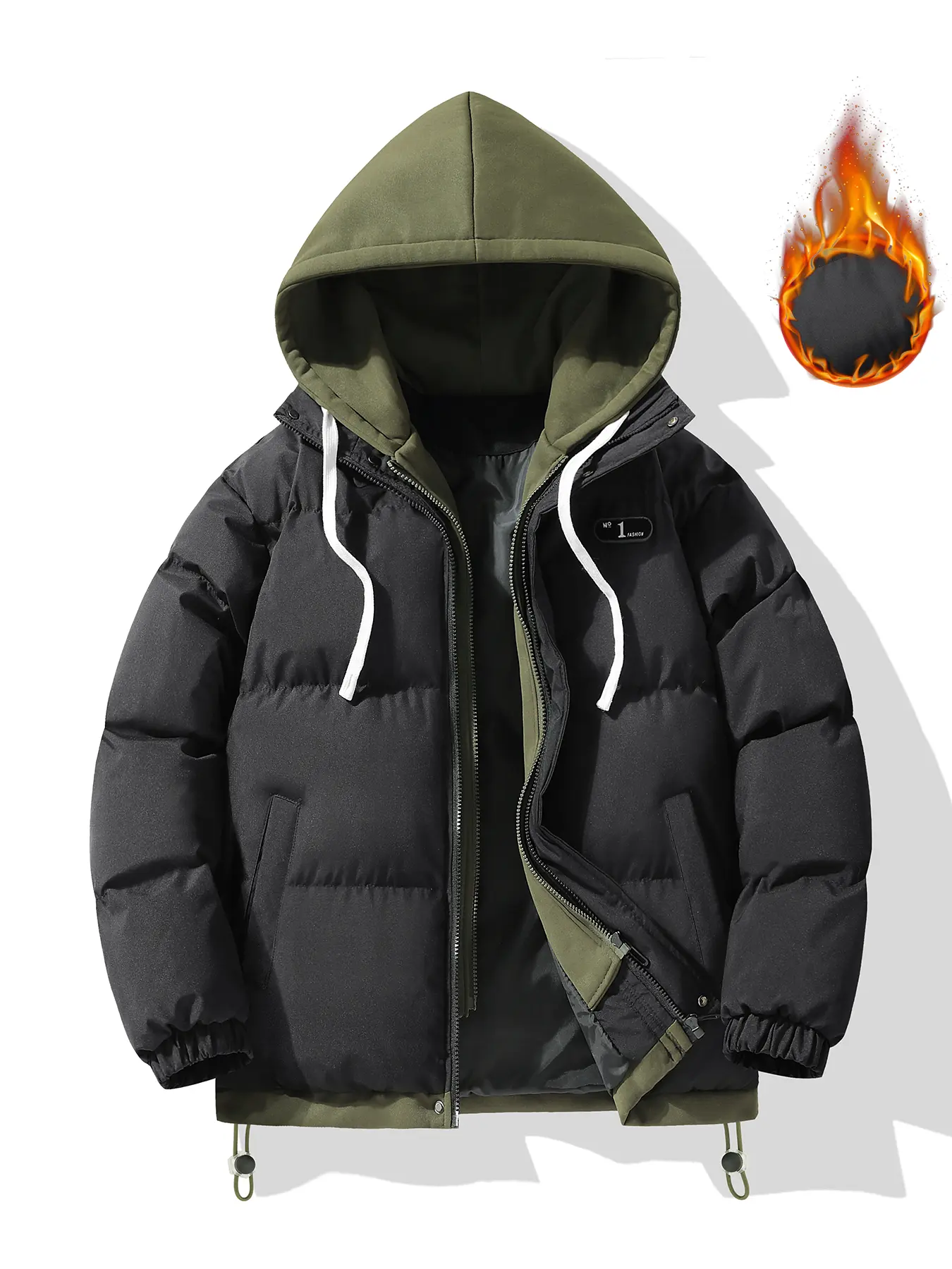 Men's Winter Fleece-Lined Padded Jacket - Color Block Fake Two-Piece Hooded Parka, Windproof Warm Bubble Puffer Coat for Casual & Outdoor Wear