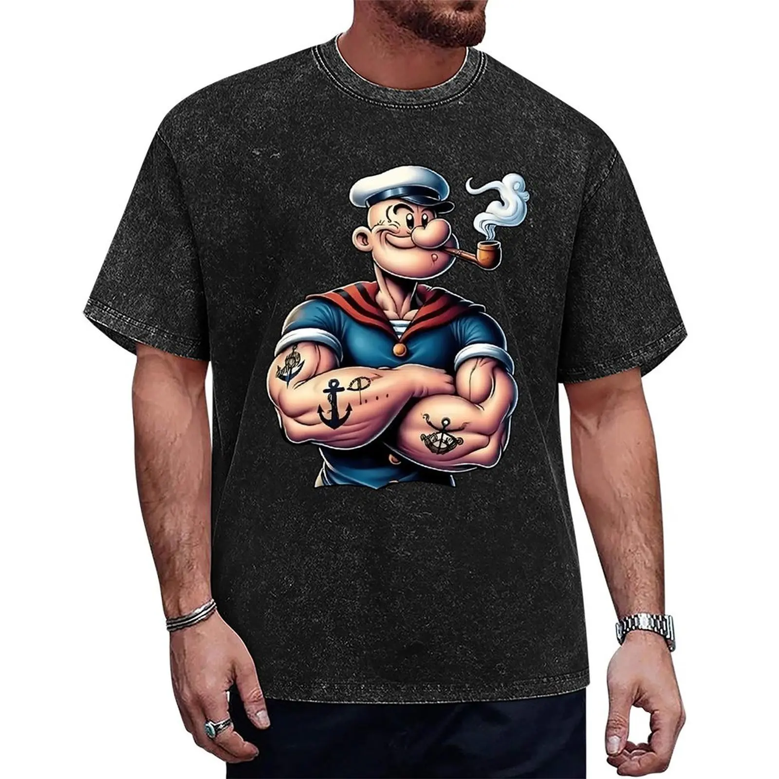 Mens Vintage Washed Popeye the Sailor Man Graphic Tshirt, 100% Cotton Unisex Shortsleeve Round Neck Retro Streetwear Tee, Nostalgic Cartoon Gift Casual Summer Top, Casual Fit