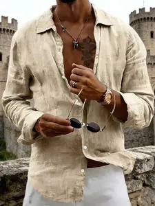 Men's Vintage Linen Shirt, Casual Long Sleeve Top, Beach Vacation Loungewear, Loose Shoulder Design, High-End Style, Casual Clothes