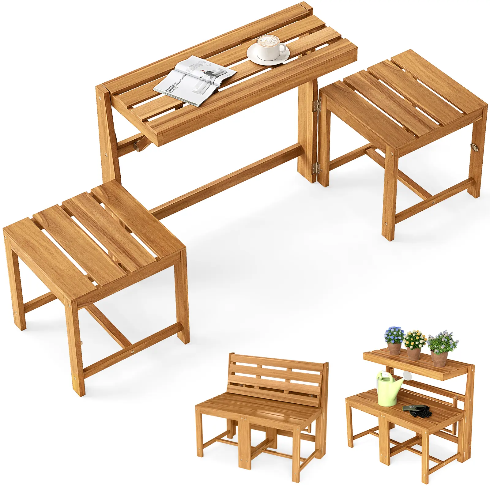 COSTWAY - 3-in-1 Outdoor Acacia Wood Loveseat Bench Furniture with Slatted Seat