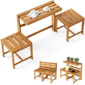 COSTWAY - 3-in-1 Outdoor Acacia Wood Loveseat Bench Furniture with Slatted Seat