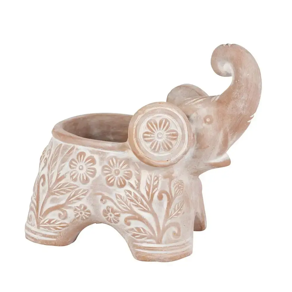 Whitewashed Garden Pals Elephant Handcrafted Terracotta Planter - 9"l x 8"h with Drainage Hole, Holds Up to 3.5" Pot for Home Improvement & Garden Supplies Use