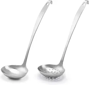 Stainless Steel Cooking Ladles Set – Soup Ladle & Serving Scoop Strainer With Hook, Heat-Resistant Kitchen Utensils (2-Piece Set)