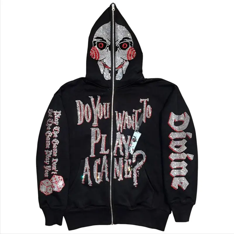 Women's Black Rhinestone Directional Streetwear Casual Hooded Jacket, Unisex Long Sleeve Full Zip-Up Short Coat,Winter Warmth Sequin Embellishment Hoodie Cardigan for Men,  Womenswear Tops , Sweatshirts