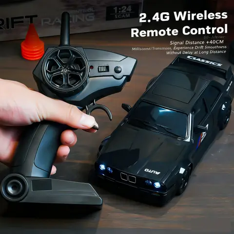 1:24 Remote Control Drift Car with 2.4GHz 4wd, Amazing Lights and Tires, Includes Road Obstacle Tools, Perfect Birthday Gift