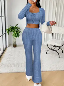 Three-Piece Women's Set, Elegant Casual Solid Color Long Pants, Fitted Crop Top, High Waist Wide Leg Pants, All Seasons Fashion