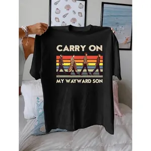 Women's Supernatural TV Show Inspired "Carry On My Wayward Son" Graphic T-Shirt - Black Retro Sunset Color Block Design, Short Sleeve Crew Neck Casual Top, Machine Washable Summer & Spring Tee, Fan Merchandise, Bold Statement Shir