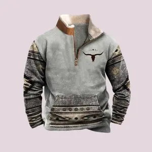 Men's Vintage Aztec Western Cow Skull 1/4 Zip Up Stand Collar Pullover Ethnic Tribal Sweatshirts Tops Menswear Stylish  Outfit Hoodie Casual Long Sleeve