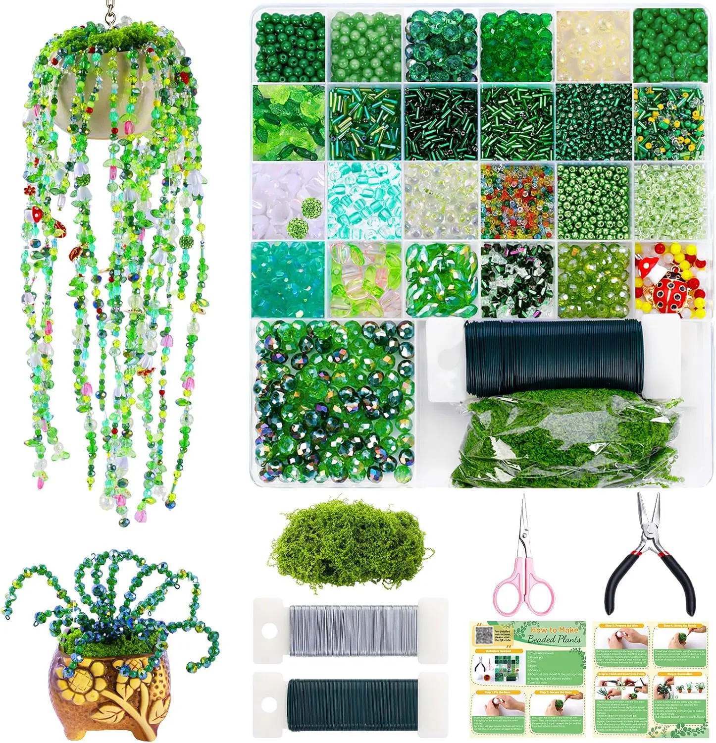 5422 Pcs Beaded Plant Kit,Glass Green Beads with Video Tutorials