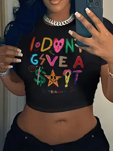 Women's Cartoon Letter Print Round Neck Short Sleeve Crop Tee, Fashion Casual Crew Neck T-shirt for Daily Holiday Vacation Outdoor Wear, Ladies Clothes for All Seasons