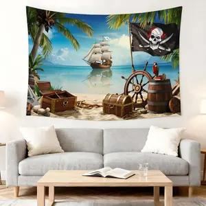 1 Pc Pirate Beach Tapestry Ocean Adventure Wall Decor Nautical Theme Room Decoration Festival Party Backdrop Tropical Island Treasure Map Artwork Scenic Seaside View Colorful Home Dorm Living Room Decor