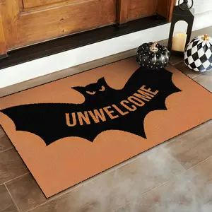 1 entry mat | door rug | Halloween rug | Unwelcome Halloween bat print pattern | Soft and comfortable non-slip design machine washable | Halloween home decoration | Halloween holiday decoration celebration | Suitable for home entrance, entrance floor