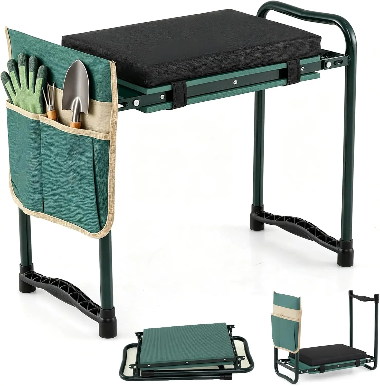 Costway Garden Kneeler and Seat with 15.5" L×11" W EVA Kneeling Pad, Green | Foldable Gardening Bench with Detachable Tool Pouch, Heavy Duty Steel Frame, Portable Gardening Stool for Seniors Adults