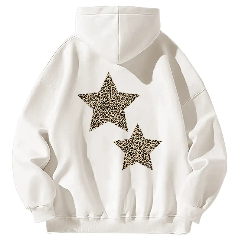 Holafish Women's Thick Hooded Fleece Hoodie - Long-Sleeve Pullover with Leopard Star Graphic Print, Pocketed Casual Streetwear, Polyester-Cotton Baggy Top, Party Gift (Hooded Neck Design)