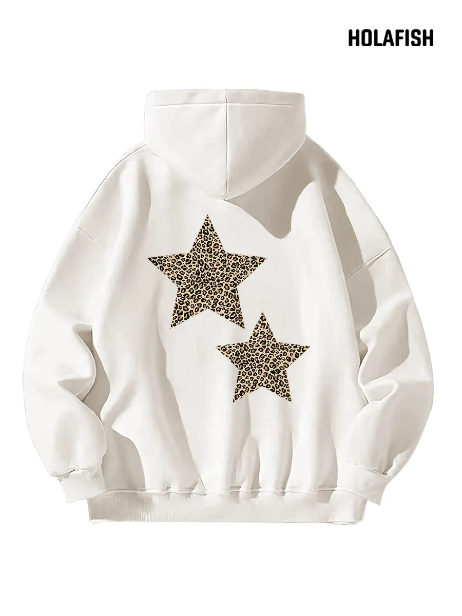 Holafish Womens Oversized Leopard Star Print Pullover Sweatshirt, Aesthetic Long Sleeve Fleece Top with Pocket, Clothes for Women, Thanksgiving Womens Gifts, Baggy, Loose, Minimalist, Thick, Hoodie, Party, Graphic Print, Cotton, Fashion Apparel, Polyester