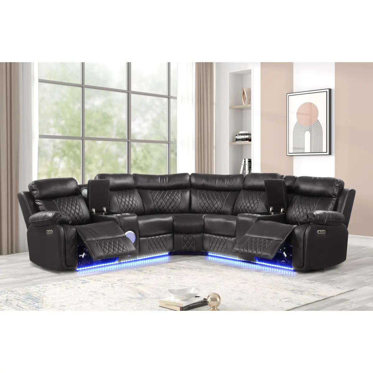 Aobtkel Power Reclining Sectional Sofa, Modern Faux Leather Recliner Couch with Bluetooth Speakers, LED Lights, Storage Console, Cup Holders, USB & AUX Ports, Plush Cushions, Wood & Metal Frame for Living Room Home Theater, Gray