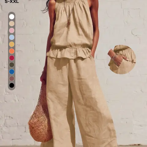 Women's Versatile Two-Piece Set, Casual Vacation Inspiration, Loose Fit Design, High Waist, Sleeveless, Ankle Length, All Seasons, Casual Chic Set
