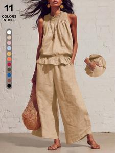 Women Linen Two Piece Set, Casual Vacation, Comfortable and Stylish, Perfect for Relaxing Days, Ideal for Travel and Leisure